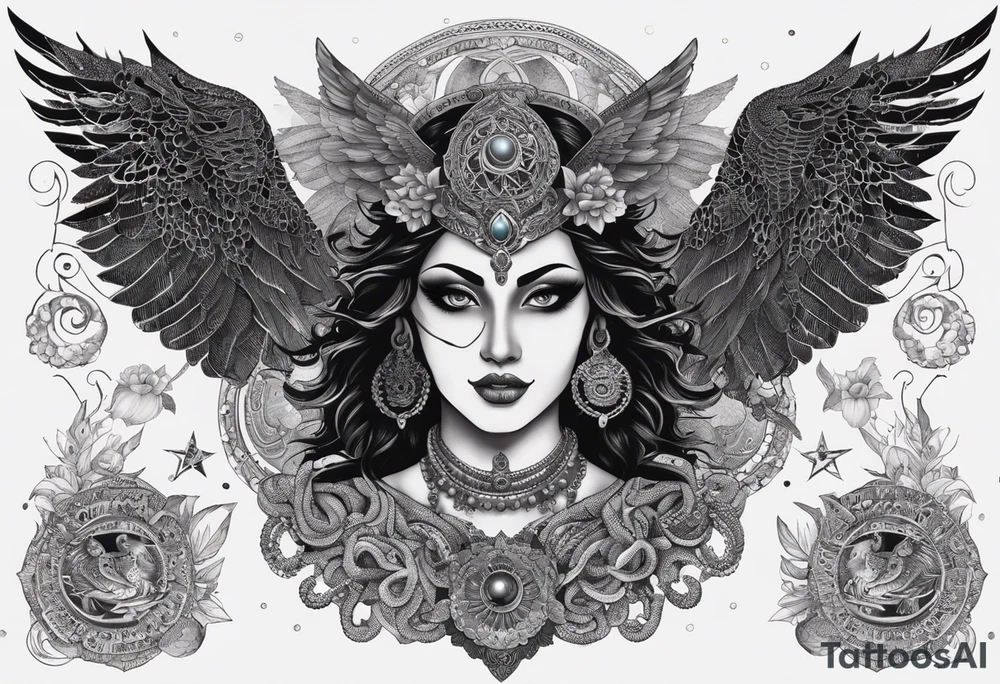 black kali, goddess pirate, alien, angel, pachamama, valkrye, warrior, flying, skull, lotus azul, wing, eagle, zenza resonance, stars, 5D, anahata chakra, death, durga, riding on a tiger, flying lady, kundalini, chest tatoo, samuri, rebel, serpent tattoo idea