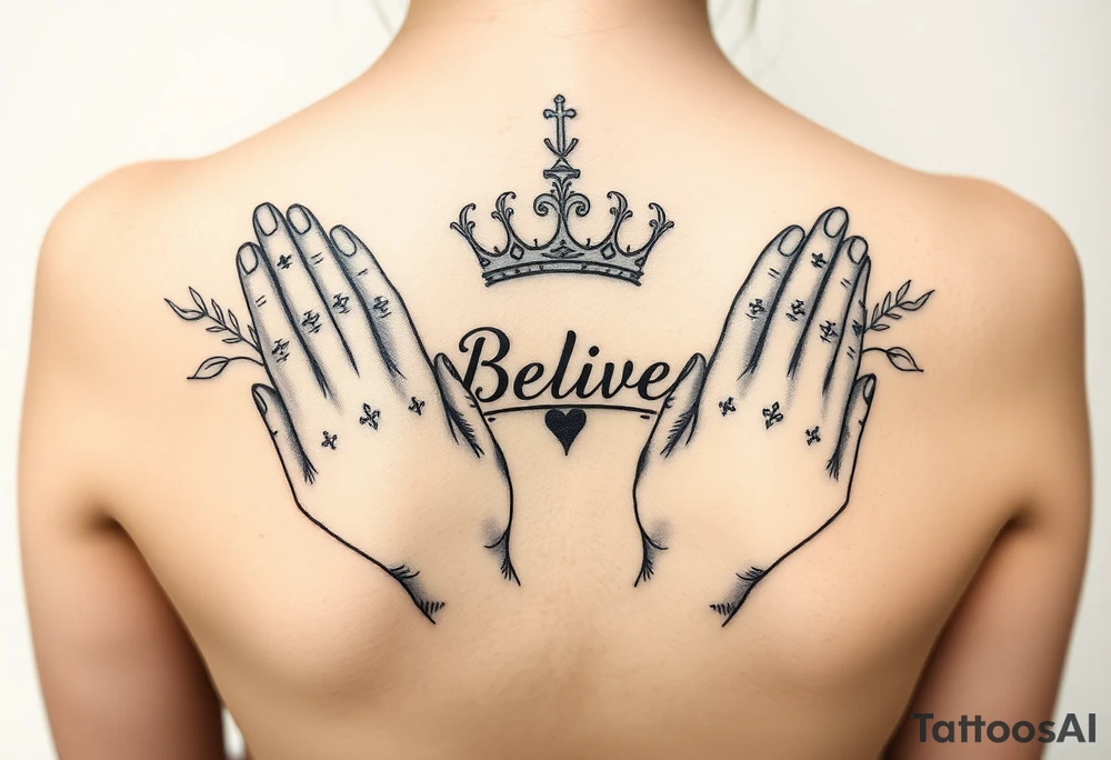 Prayer hands, trust, believe, crown tattoo idea