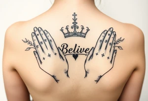 Prayer hands, trust, believe, crown tattoo idea