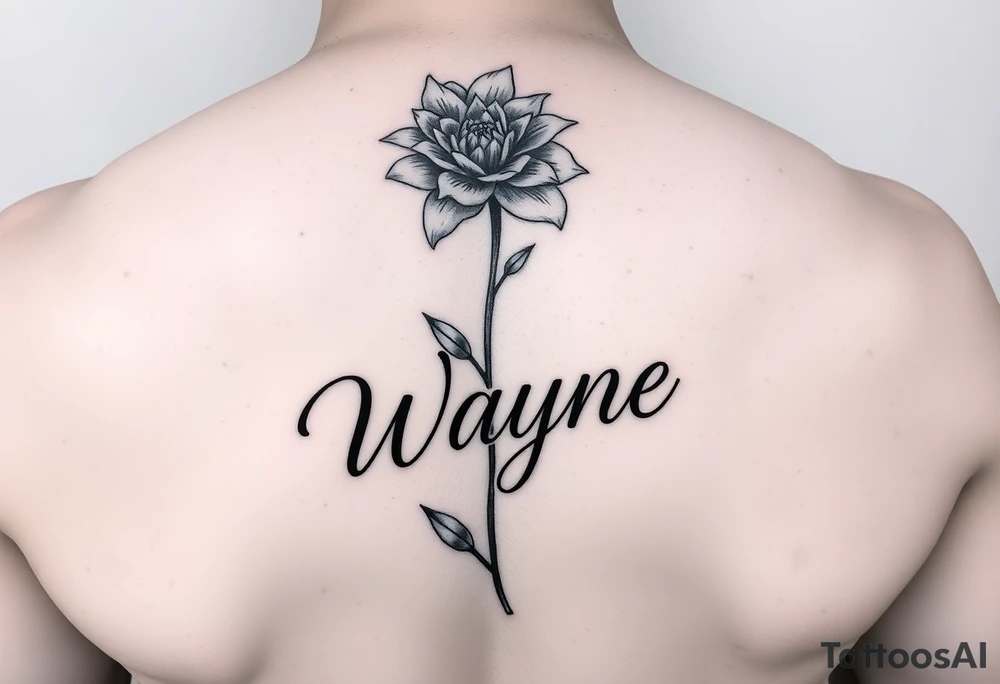 flower with a stem turning into the name wayne in cursive on rib cage tattoo idea