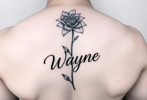flower with a stem turning into the name wayne in cursive on rib cage tattoo idea