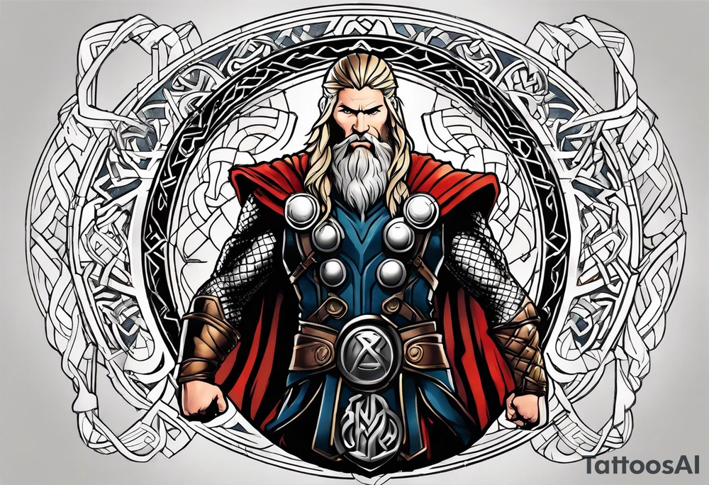 Thor with viking runes in the background as a vignette tattoo idea