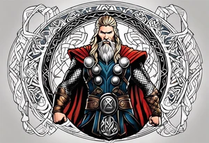 Thor with viking runes in the background as a vignette tattoo idea