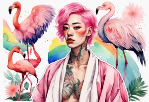 a nonbinary person with pink hair and a rainbow robe standing next to a flamingo tattoo idea