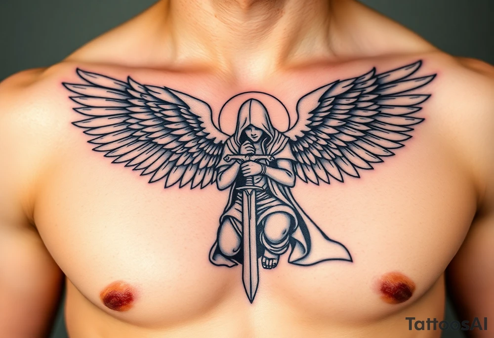 Warrior Angel with long sword  kneeling looking down cloak over head wings
 spread tattoo idea