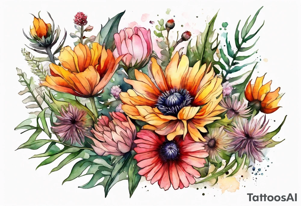 wildflowers with thistles, ferns, burnt orange flower, white flowers, pink flowers, red flowers and yellow flowers all in watercolor tattoo idea