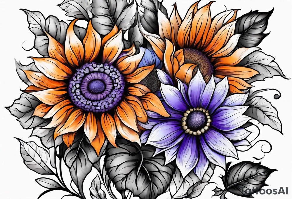 Full arm sleeve with purple, orange and blue sunflowers tattoo idea