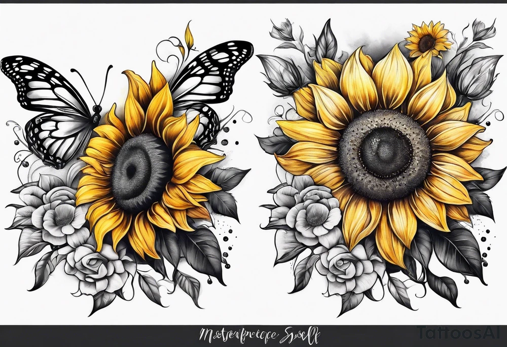 Sunflower and butterfly leg sleeve tattoo idea