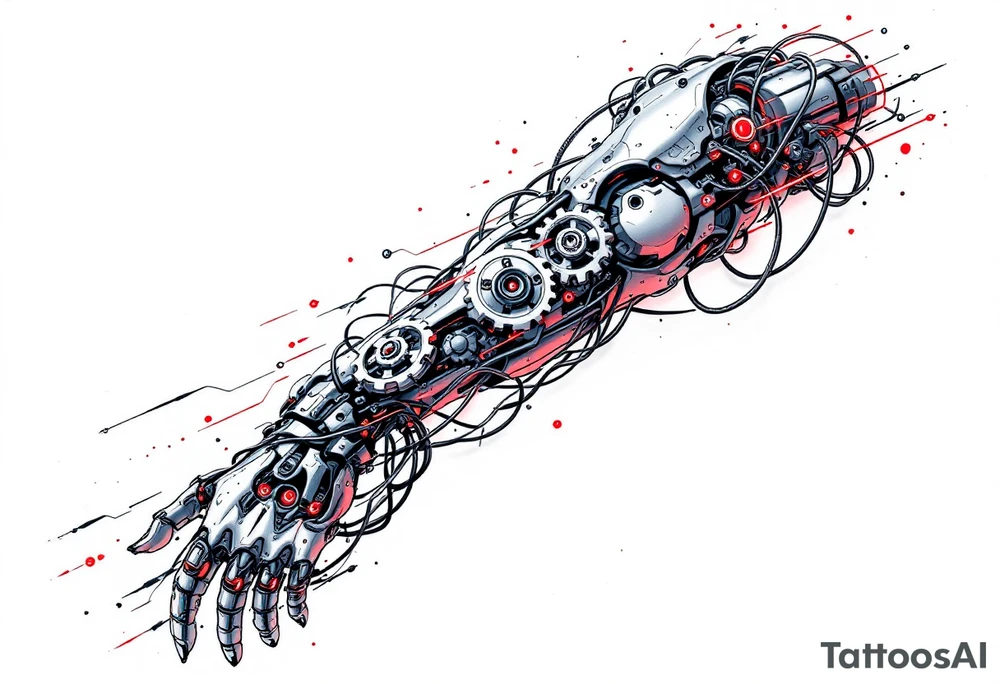 A cybernetic arm with exposed gears and wires, in brushed metal, steel blue, and glowing neon accents, appearing as if the skin is peeling away. tattoo idea