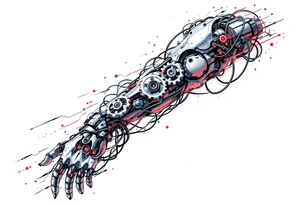 A cybernetic arm with exposed gears and wires, in brushed metal, steel blue, and glowing neon accents, appearing as if the skin is peeling away. tattoo idea