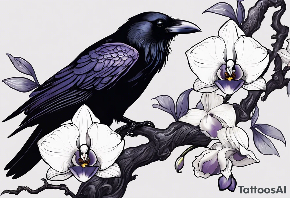 A sleeve with a a Raven A white orchid 1990 and something showing change with the Raven tattoo idea