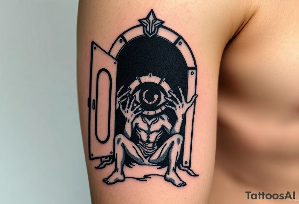 from full metal alchemist :The truth sitting in front of a nearly fully opened door with the eye of god inside the door with all black around it and black hands starting to come out the door stretching to different places tattoo idea