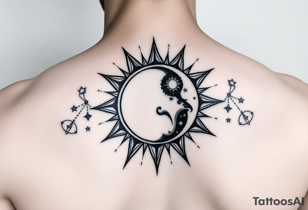 celestial sun and moon embrace with constellation patterns tattoo idea