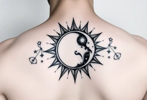 celestial sun and moon embrace with constellation patterns tattoo idea