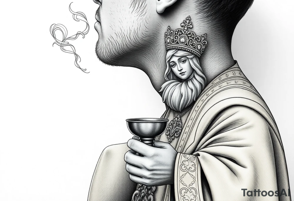 A Russian Orthodox Priest in full gold vestments swinging a censer with smoke curling upward 

The ornate robes give incredible fine line detail
The incense smoke could flow and connect to other elements
It ties directly into the church and Virgin Mary you already have
Very culturally authentic to the overall theme tattoo idea