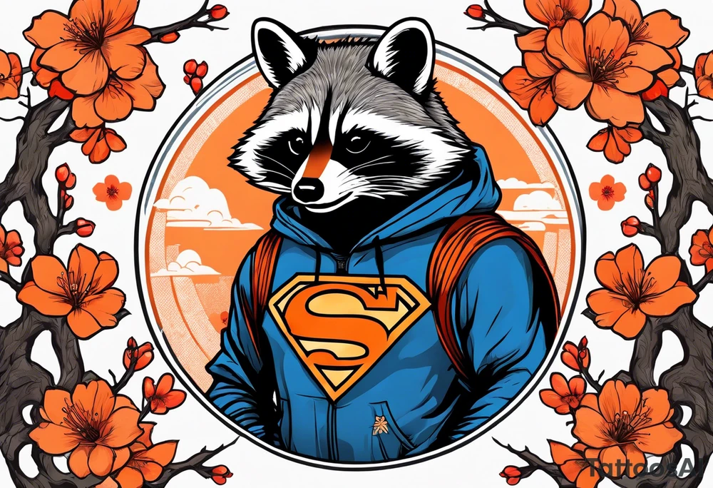 raccoon wearing a Superman hoodie with black and white logo and orange Japanese cherry blossoms tattoo idea