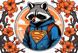 raccoon wearing a Superman hoodie with black and white logo and orange Japanese cherry blossoms tattoo idea