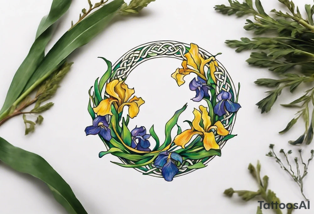 Create a small, colorful Vincent van Gogh Irises tattoo in the form of a crescent, with vines in Celtic knot style gracefully intertwining at a central point in the middle of the wreath. The intended placement is on the upper chest. The middle needs mountains. The overall design should be small in size while maintaining a delicate and artistic aesthetic. Pay attention to the graceful flow of the vines and the placement of the irises to achieve a refined and elegant look. tattoo idea