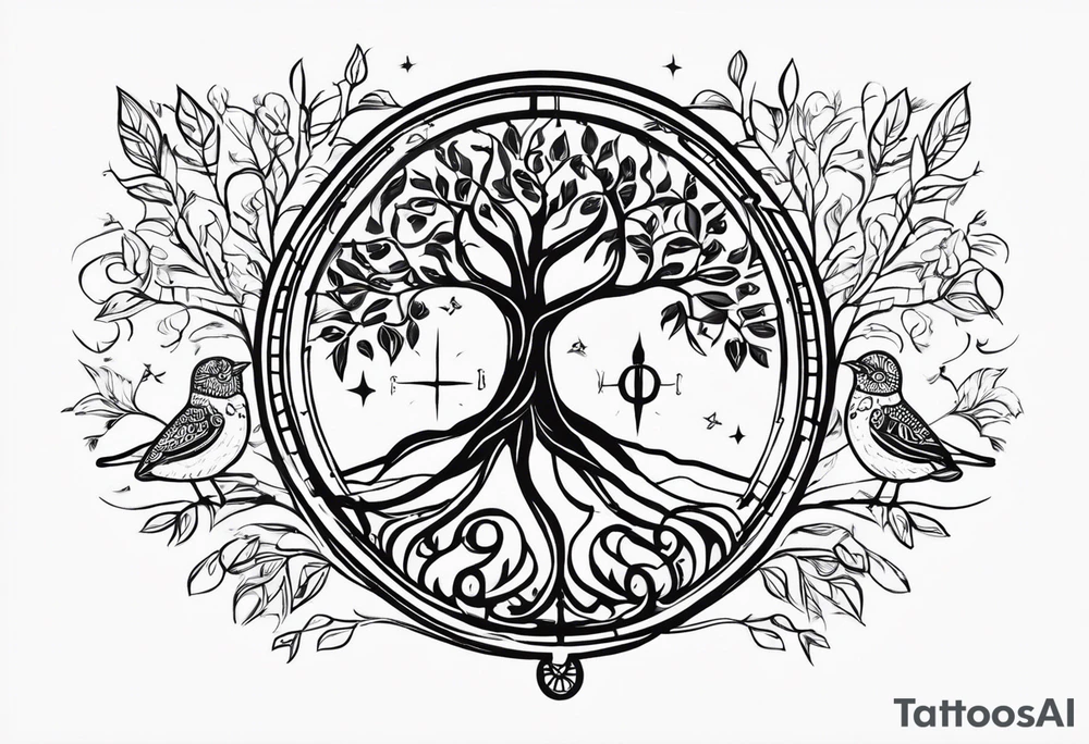 Create me a tattoo only in black with thin lines with a tree of life in the middle, a compass above with GPS coordinates, three little birds from the music "three little birds" by Bob Marley. tattoo idea