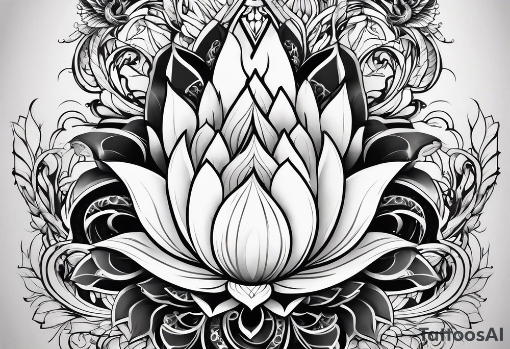one vertical tattoo that combines lotus flower, phoenix and helix, strength and resilience symbols tattoo idea