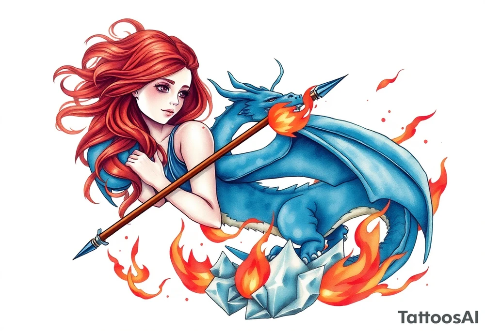 Redheaded girl with a spear through a blue dragon who is breathing fire with wings spread and flying over ice and flames tattoo idea