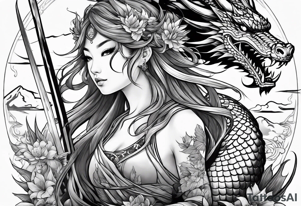warrior beautiful fairy nymph with a full body with a sword and a full dragon with a mountain with clouds and a Japanese building background tattoo idea