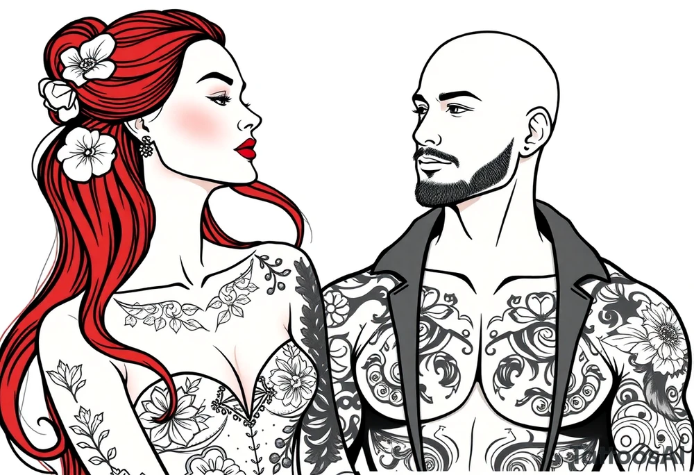 Woman with long red hair and red lipstick with lots of tattoos with  a bald muscular white man with tattoos getting married tattoo idea