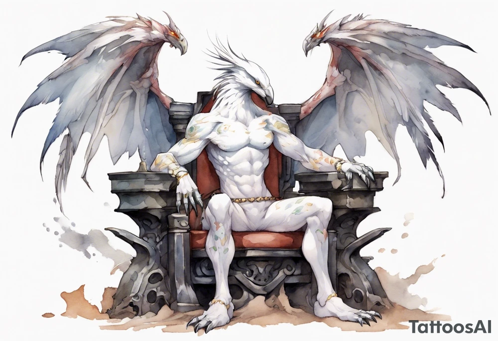 a white bird-wyvern hybrid wearing a plain iron bracelet around leg, perched on a stone throne tattoo idea