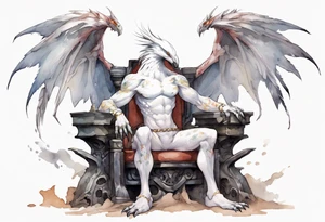 a white bird-wyvern hybrid wearing a plain iron bracelet around leg, perched on a stone throne tattoo idea