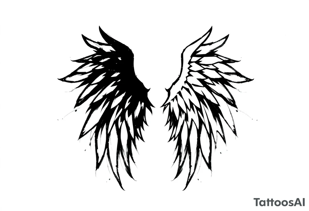 This tattoo design features a pair of asymmetrical angel wings drawn in black ink with a rough, sketch-like style. The left wing is darker, more defined, and appears denser, while the right wing is lighter, more delicate, and fragmented, creating a contrast between the two. The feathers are sharp and irregular, with fine lines and stray strokes extending outward, adding a raw and artistic feel. The overall look is dynamic and slightly chaotic, giving the impression of movement or an unfinished, ethereal form. This design symbolizes duality, freedom, transformation, or even struggle, making it a meaningful and visually striking tattoo. tattoo idea