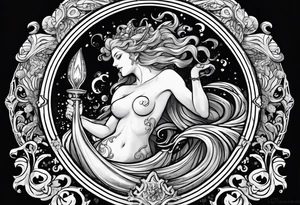 Aquarius water bearer, monster. With a gothic frame and mythological creatures. tattoo idea