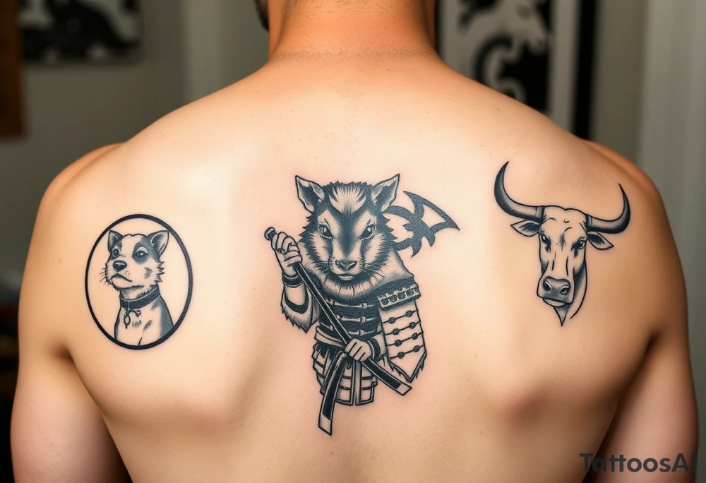 Japanese style tattoo consisting zodiac animals: rat(in the middle) dressed up samurai warrior style with with dog, goat, and ox surrounding the rat dressed up Samurai warrior style in a circular formation on the left of back tattoo idea
