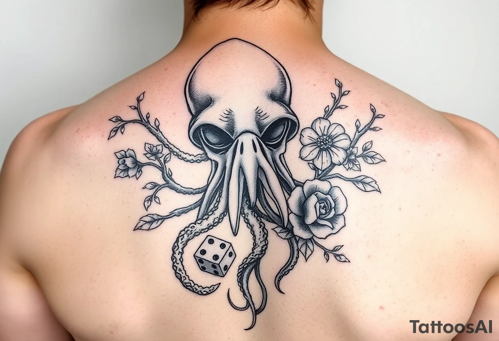 squid helmet combined with tree roots, cherry blossoms and roses rolling dice tattoo idea