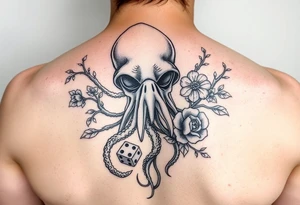squid helmet combined with tree roots, cherry blossoms and roses rolling dice tattoo idea