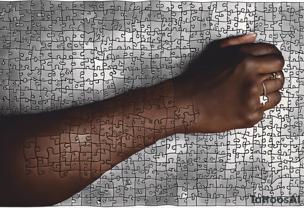 Make a forearm tattoo of 12 medium sized puzzle pieces On dark skin. Make it where the background of each puzzle piece is a sketch of the 12 disciple in the Bible, but make Jesus Christ the primary focus. Make them all look middle eastern. I want one piece to be disconnected and let that piece be a sketch of Judas Iscariot. Use a realistic texture tattoo idea