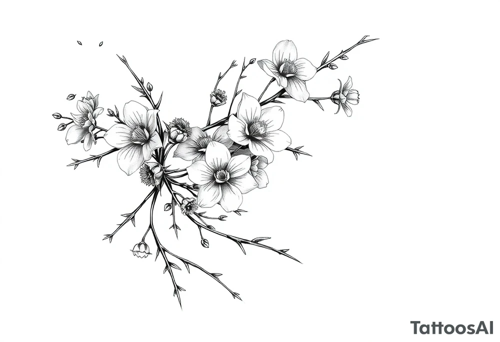 flowers and branches with thorns tattoo idea