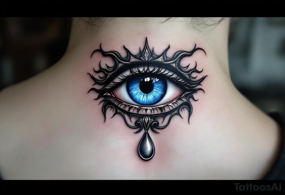 A black Nazar symbol (evil eye) with rich blue irises and a silver tear drop below. tattoo idea