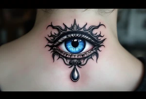 A black Nazar symbol (evil eye) with rich blue irises and a silver tear drop below. tattoo idea