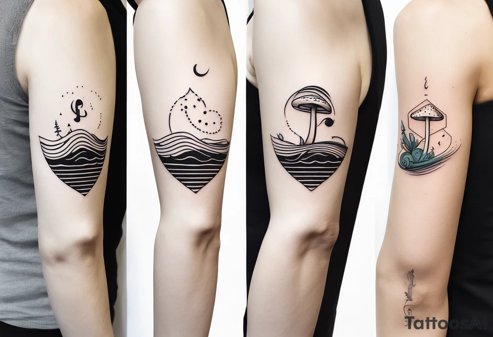 lots of empty space with simple line of icons down the back of the arm. there are four icons in this order:

1. a music note on a staff
2. a wave of water
3. a pocket
4. mushroom tattoo idea