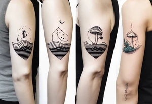 lots of empty space with simple line of icons down the back of the arm. there are four icons in this order:

1. a music note on a staff
2. a wave of water
3. a pocket
4. mushroom tattoo idea