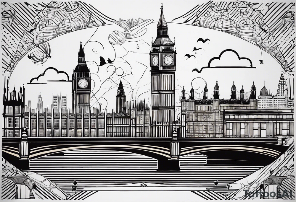 A minimalistic, abstract design capturing the architectural essence and vibe of London. Key elements of London’s skyline and structure are hinted at with clean lines, and subtle detailing includes personal touches, like a nod to Feid’s signature look (hat, glasses, mustache), integrated discreetly to honor a memorable concert experience. tattoo idea
