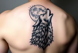 lone wolf howling at full moon with northern lights backdrop tattoo idea