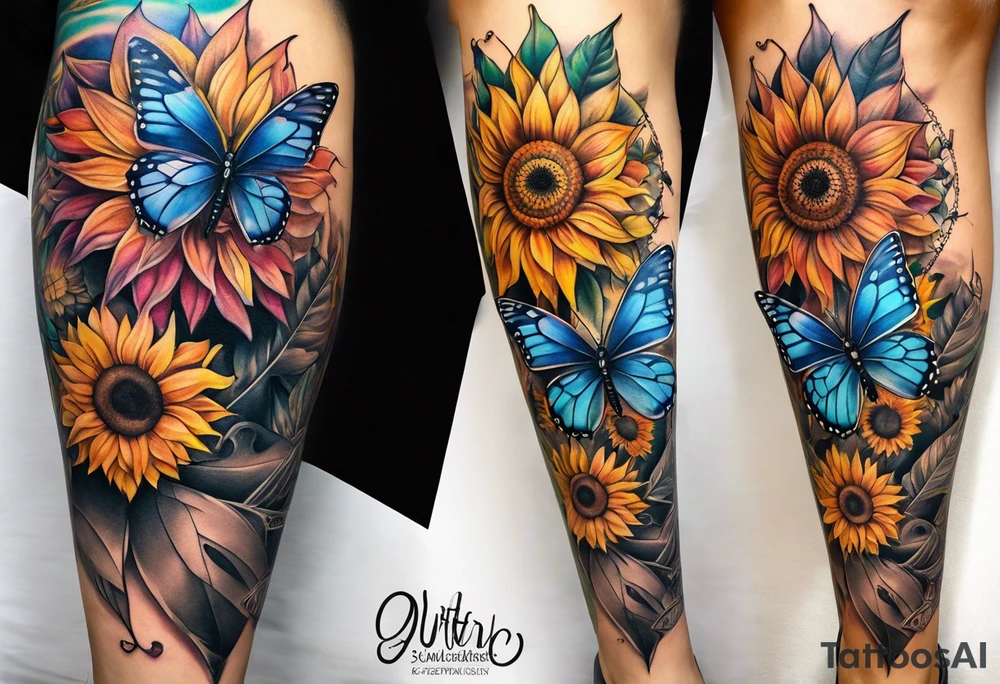 Leg sleeve with dreamcatcher, rainbow sunflowers and one butterfly tattoo idea
