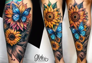 Leg sleeve with dreamcatcher, rainbow sunflowers and one butterfly tattoo idea