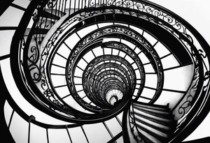 Man walking up a Deteriorating spiral stair case with falling steps tattoo idea