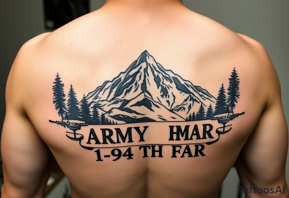 American traditional style with a mountain and ARMY HIMAR and the saying 1-94TH FAR FULL COLOR tattoo idea