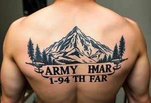 American traditional style with a mountain and ARMY HIMAR and the saying 1-94TH FAR FULL COLOR tattoo idea