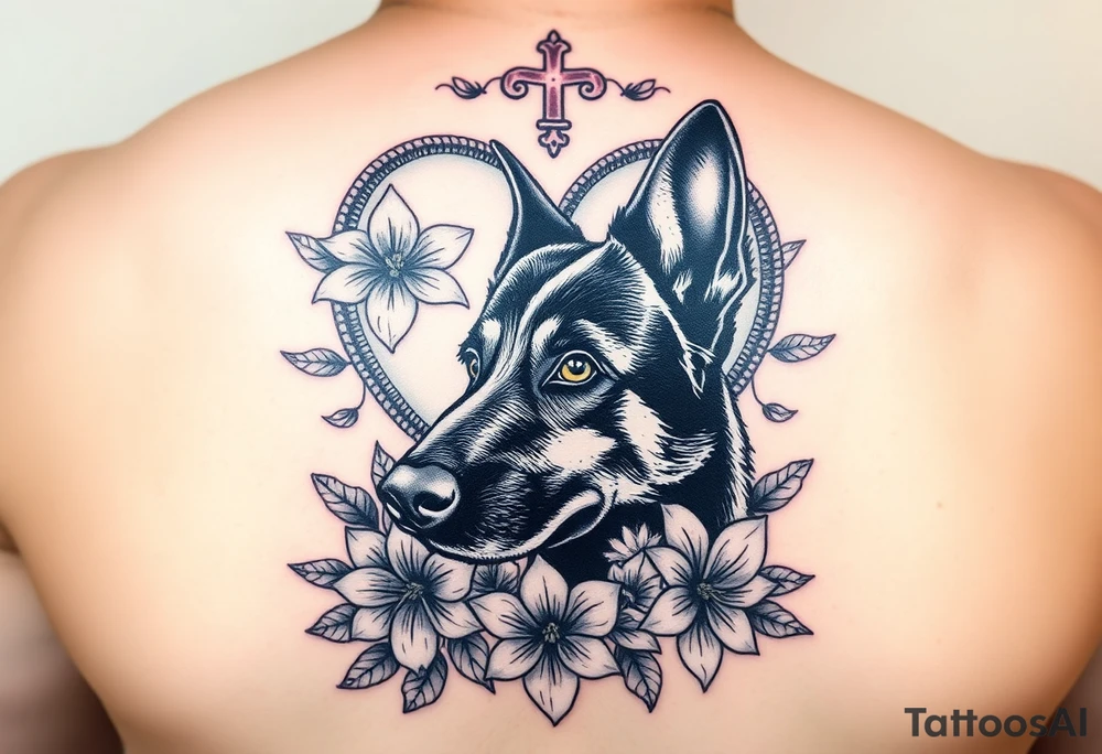 realistic german shepherd floral lilies watercolour style colourful in front of a sacred heart tattoo idea