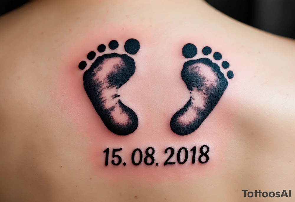 Baby footprints in black ink with the child’s birth date 15. 08. 2018 in soft blue or pink beneath commemorate a mother’s most treasured moment. tattoo idea
