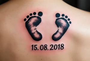 Baby footprints in black ink with the child’s birth date 15. 08. 2018 in soft blue or pink beneath commemorate a mother’s most treasured moment. tattoo idea